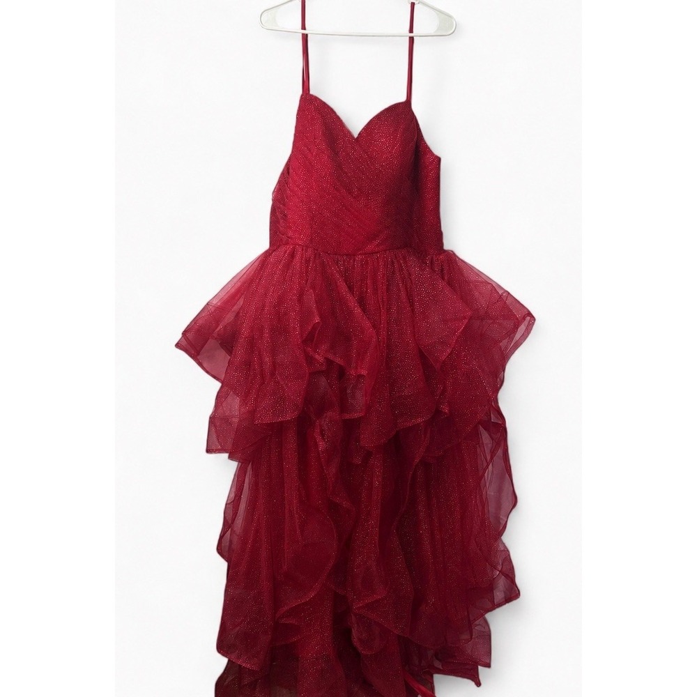 Red Corset Glitter Ball Gown Spaghetti Strap Tulle Ruffle Long Formal Dress 16